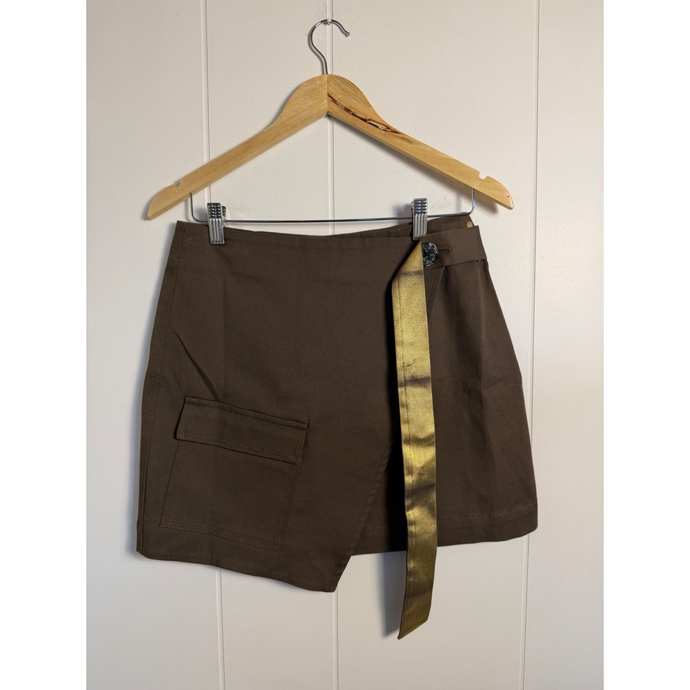 Quiet Luxury Fall Ballantyne Skirt 40 Brown Asymmetric Gold Trim Cargo Mini